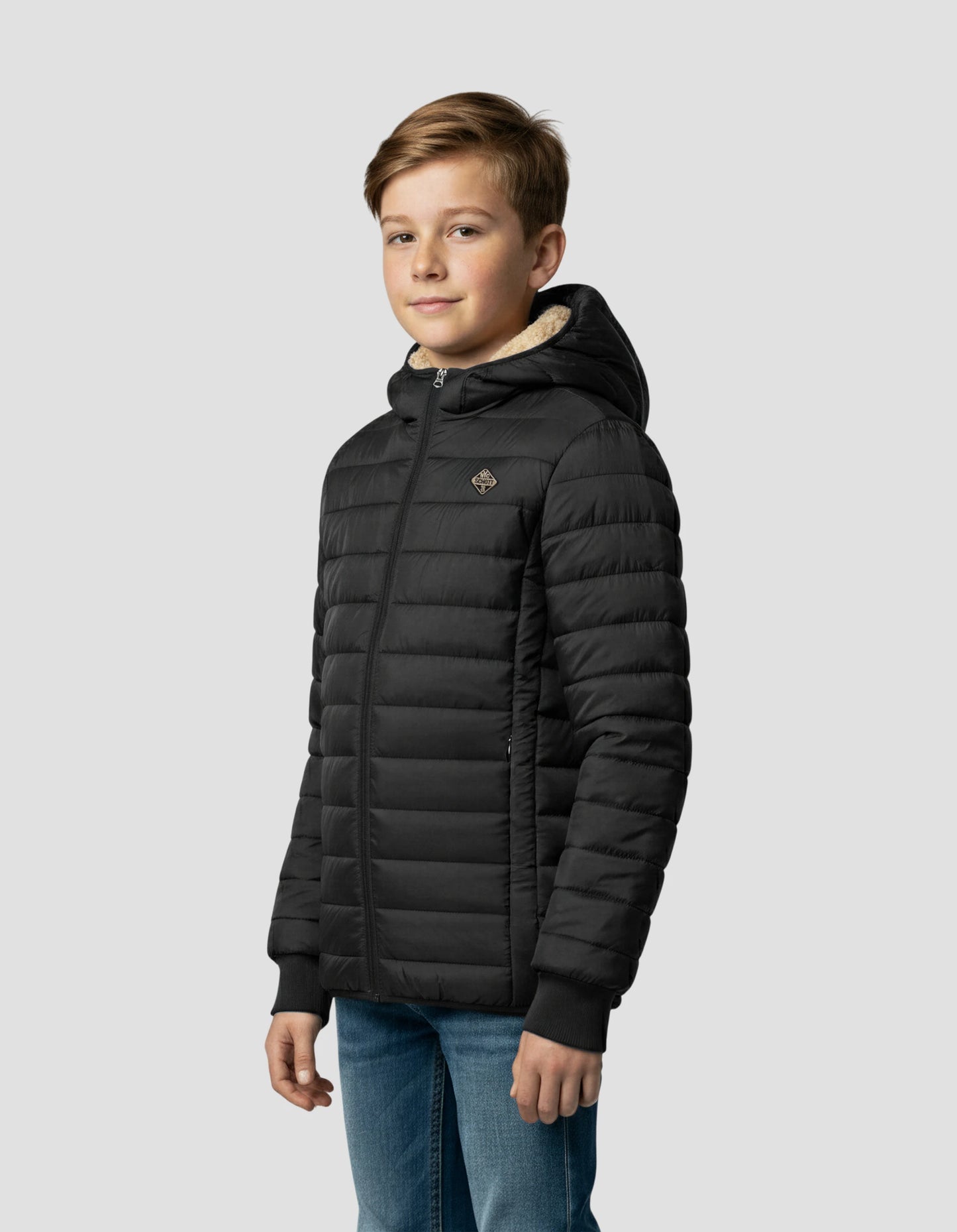 Giacca nera con bambini falsi pellicce con cappuccio foderato