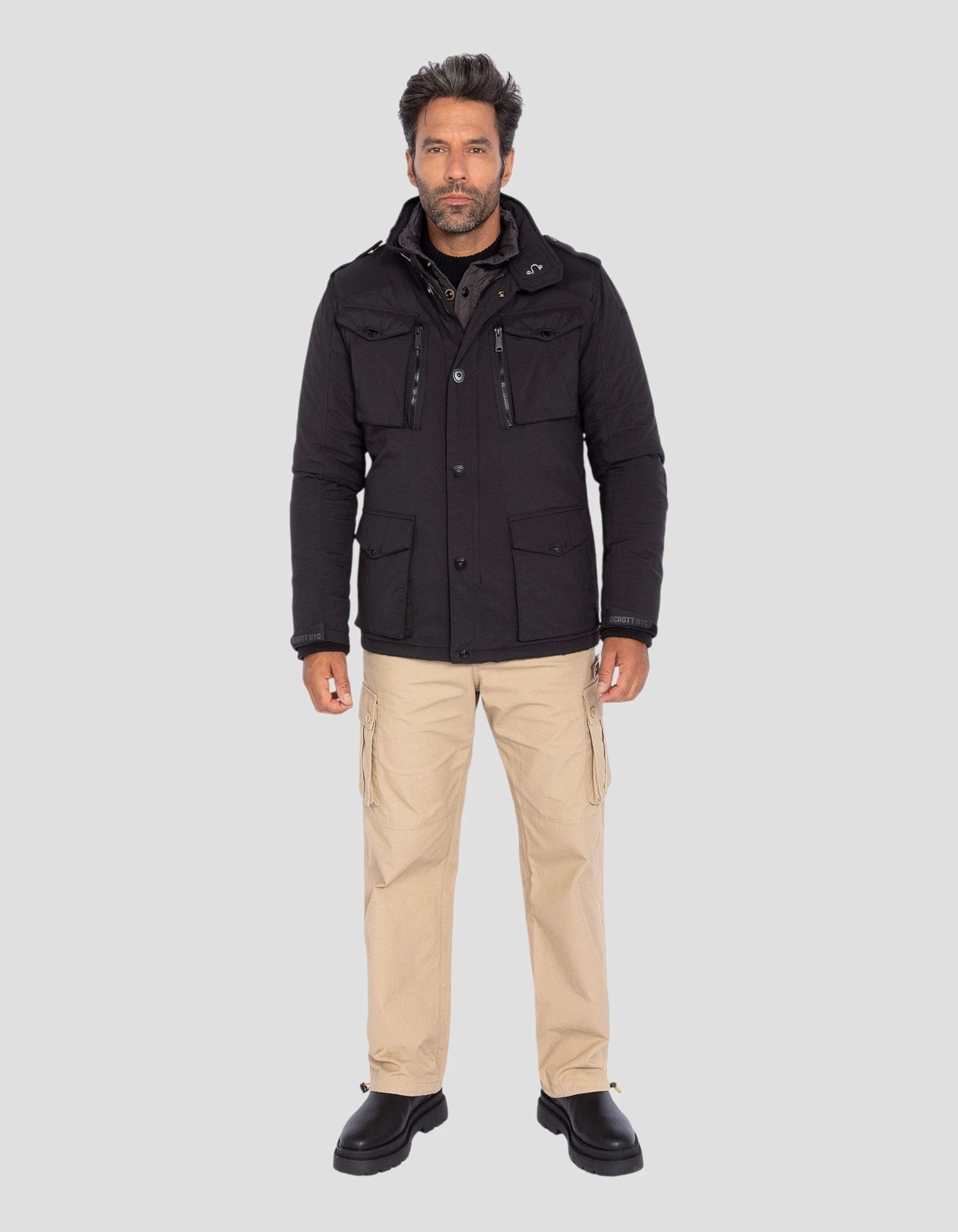 Giacca dell'esercito nero multipoche, plastron rimovibile-1