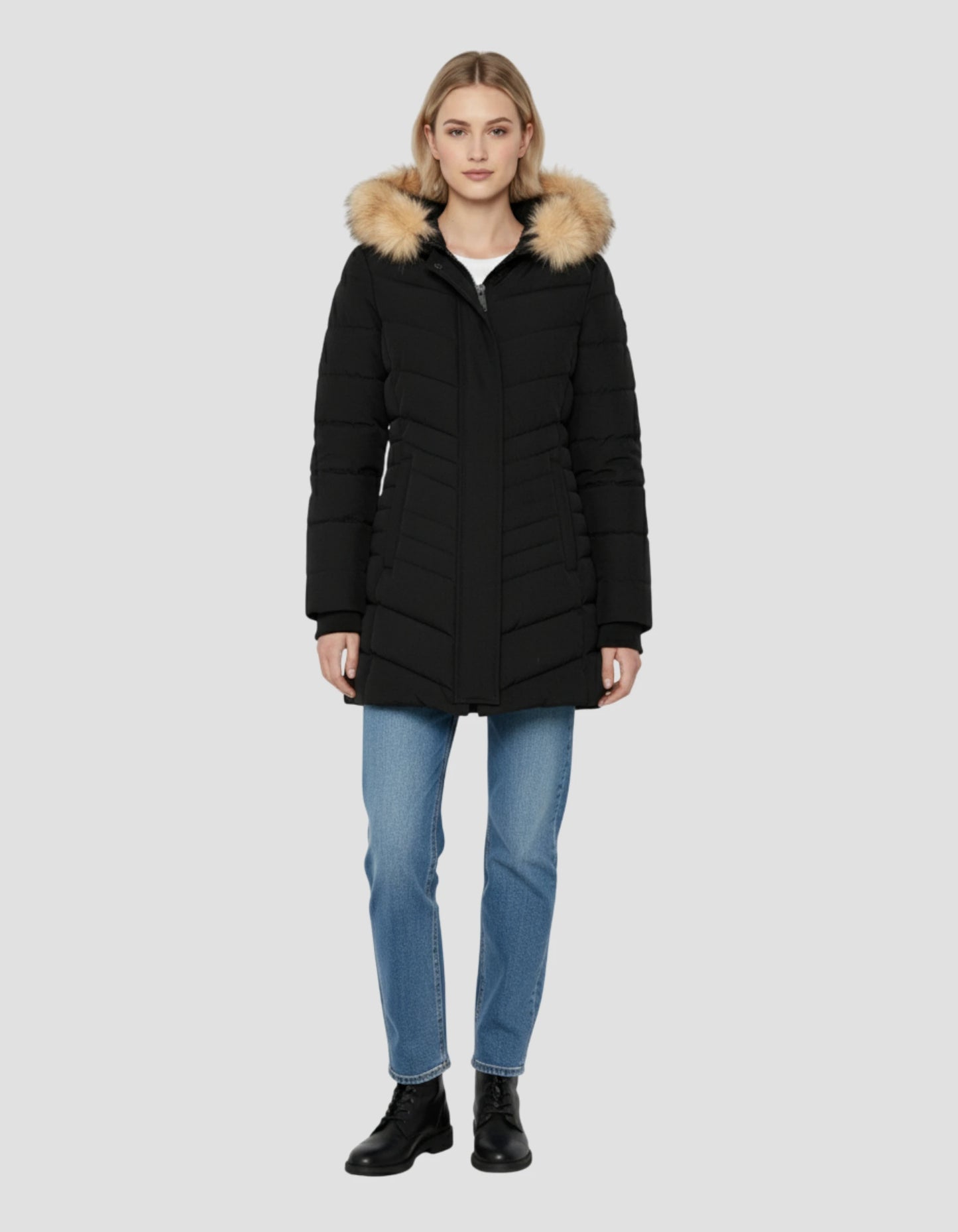Mittlere Länge mit Kapuzenparka mit abnehmbarem Kunstfell