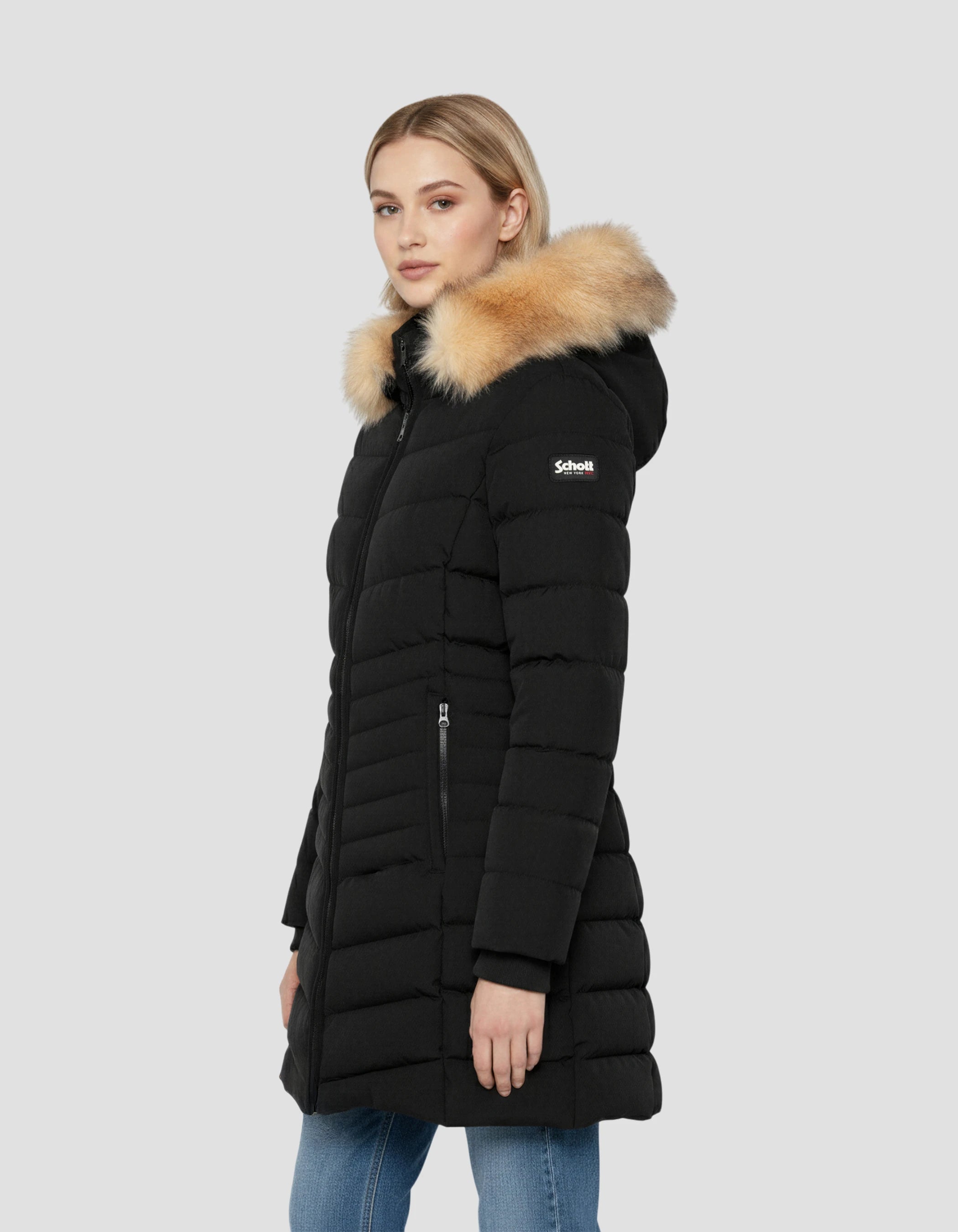 Mittlere Länge mit Kapuzenparka mit abnehmbarem Kunstfell-3