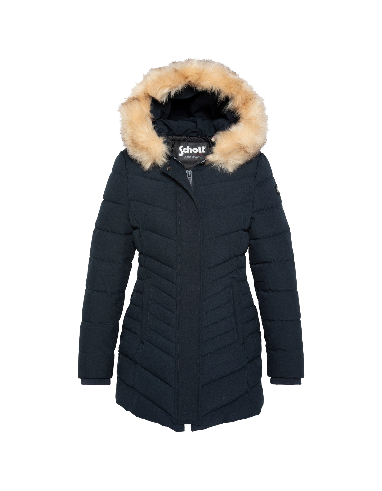 Mid-length to hooded navy parka with removable faux fur
