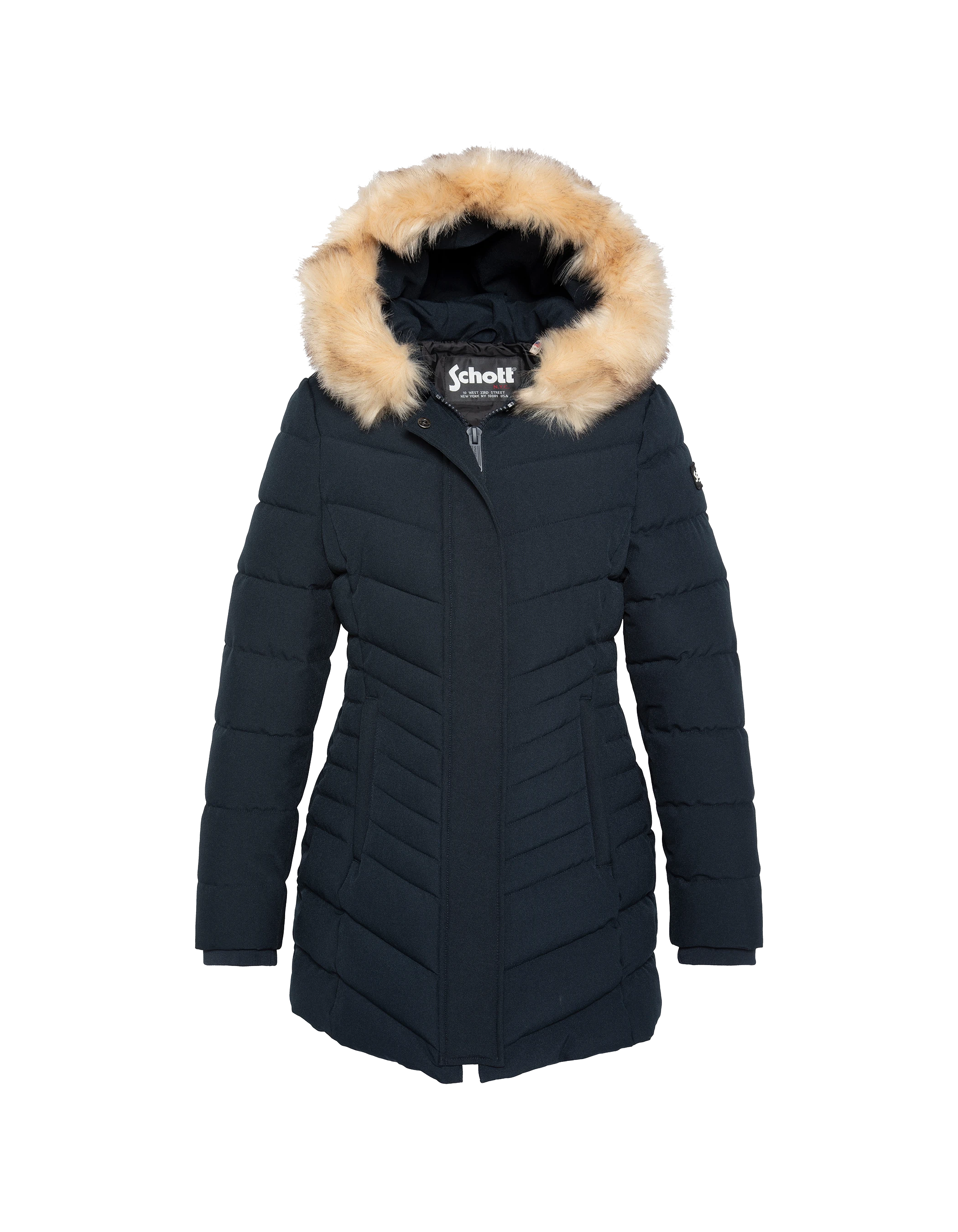 Mid-length to hooded navy parka with removable faux fur-1