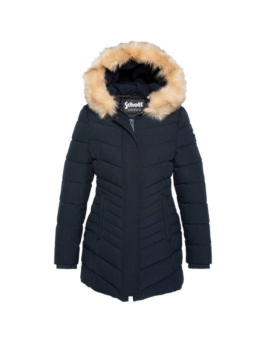 Parka bleu marine mi-longue à capuche avec fausse fourrure amovible