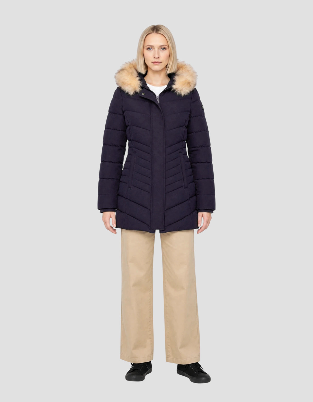 Parka blu navy di media lunghezza con cappuccio e pelliccia sintetica rimovibile-1