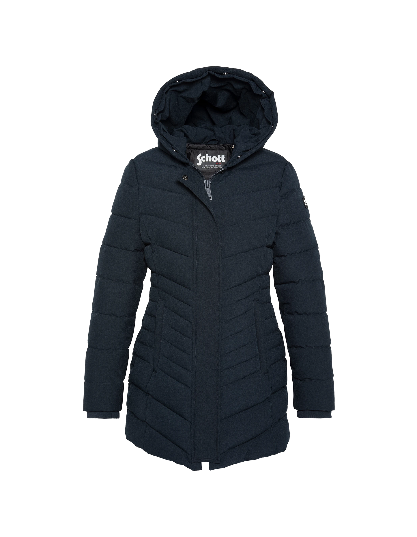 Mid-length to hooded navy parka with removable faux fur