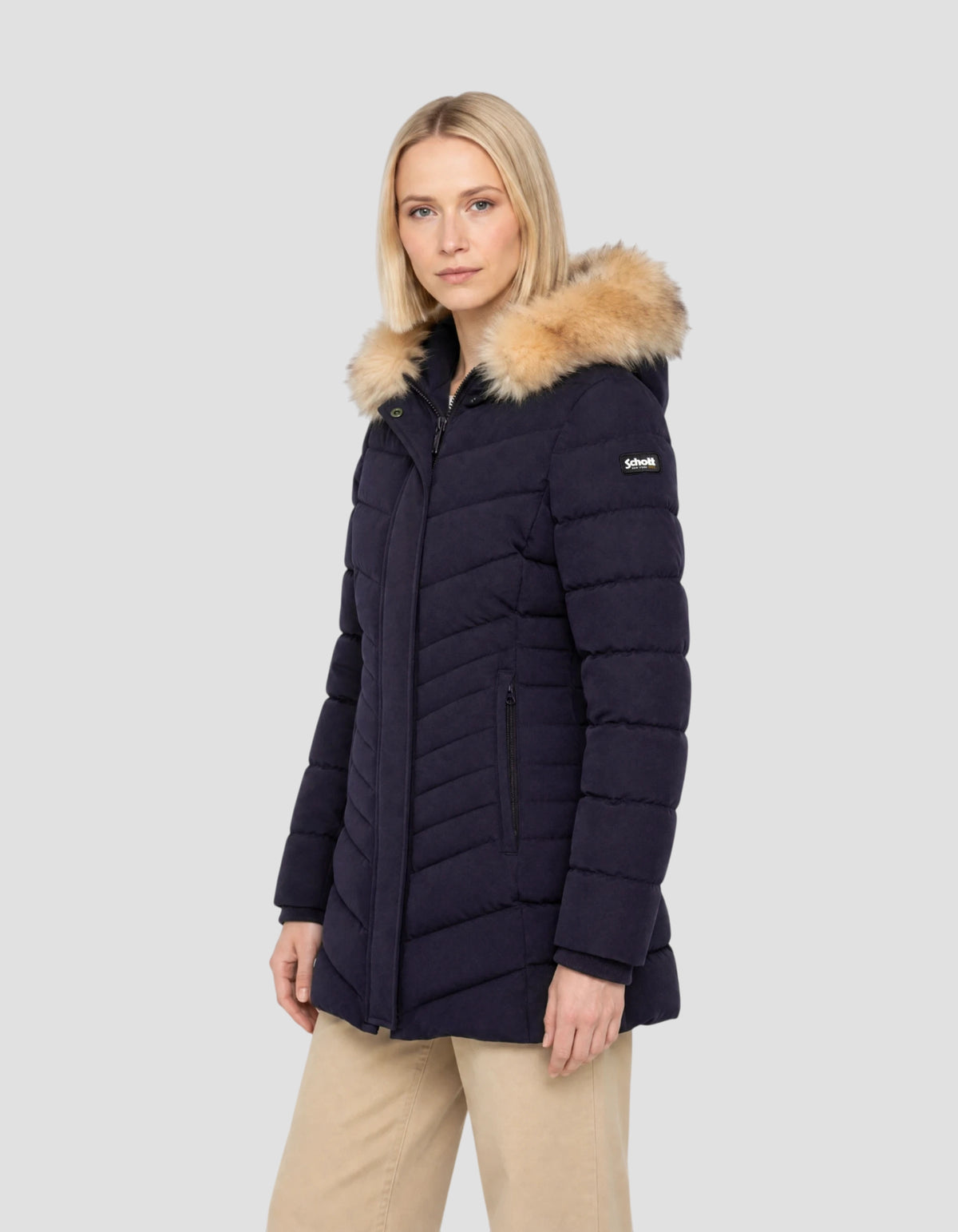 Parka blu navy di media lunghezza con cappuccio e pelliccia sintetica rimovibile-3
