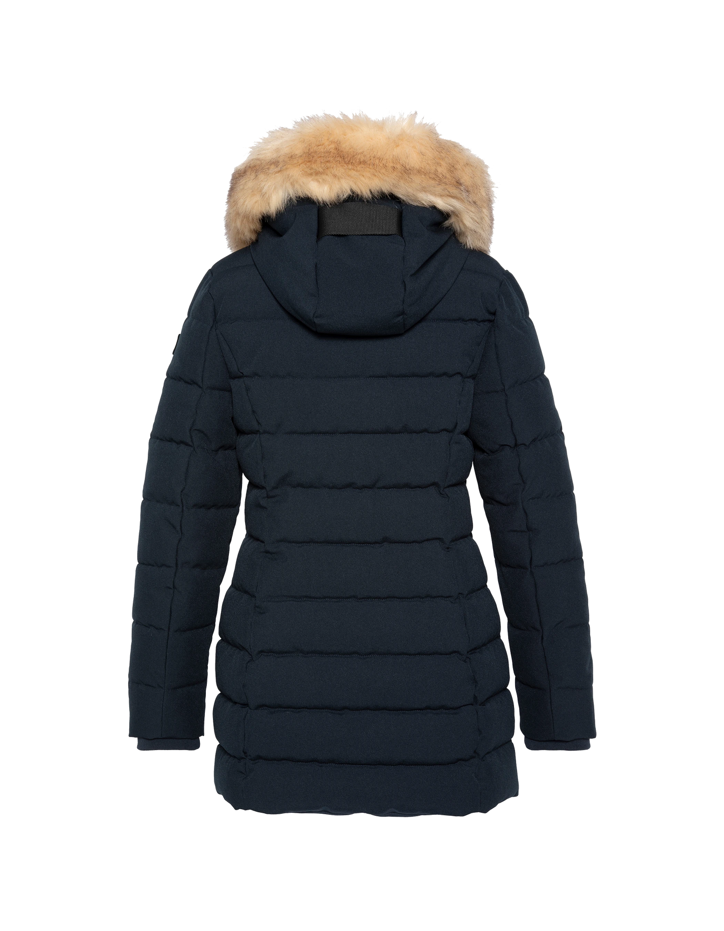 Mid-length to hooded navy parka with removable faux fur