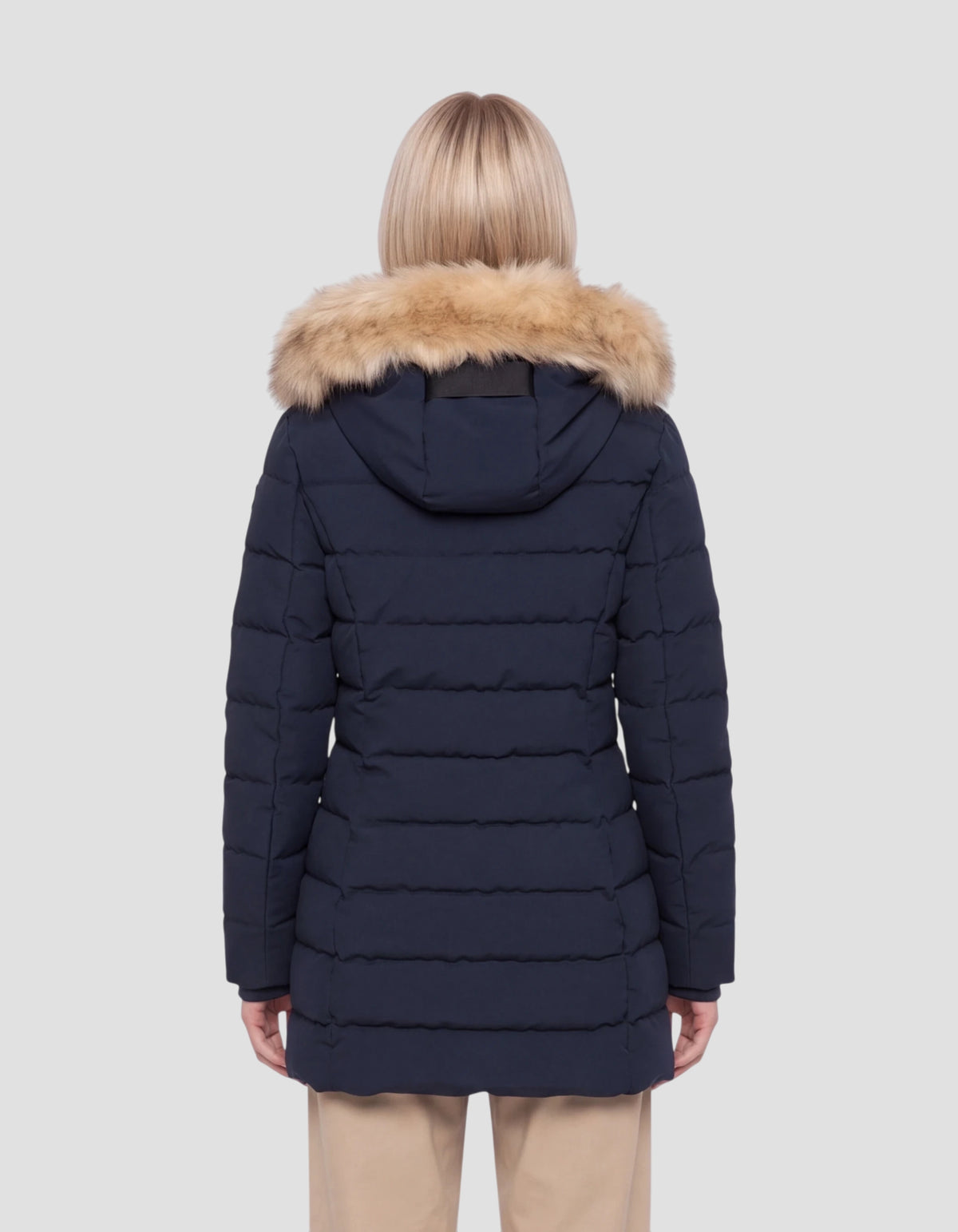 Parka blu navy di media lunghezza con cappuccio e pelliccia sintetica rimovibile-4