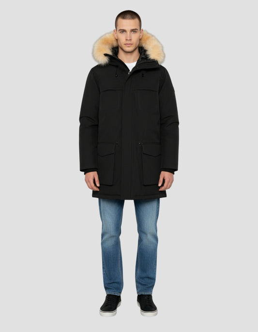 Parka noire à capuche en fausse fourrure amovible