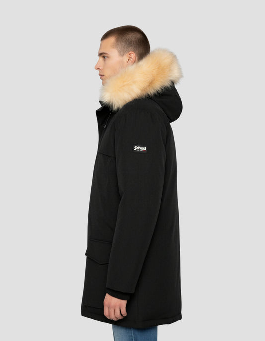 Parka noire à capuche en fausse fourrure amovible