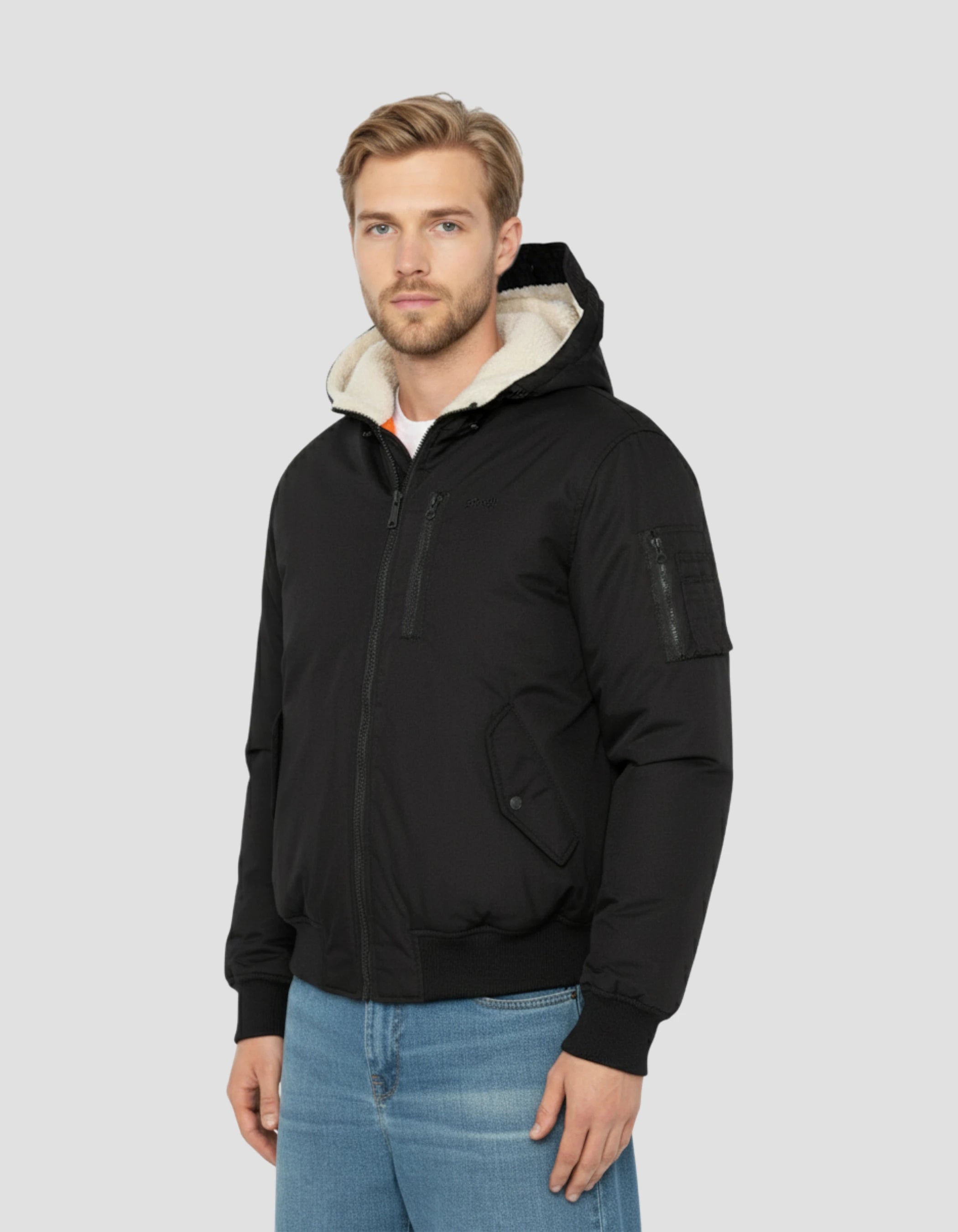 Schwarze Jacke mit Kapuze mit abnehmbarem Plastron-3