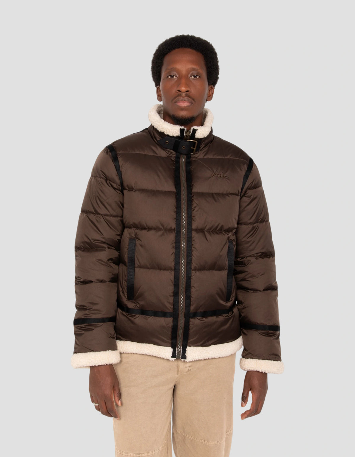 Brown puffer bomber jacket