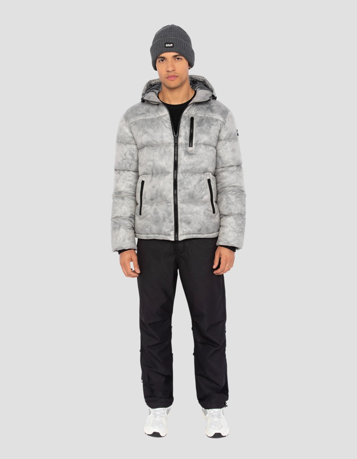 Giacca grigio chiaro con cappuccio a effetto marmorizzato