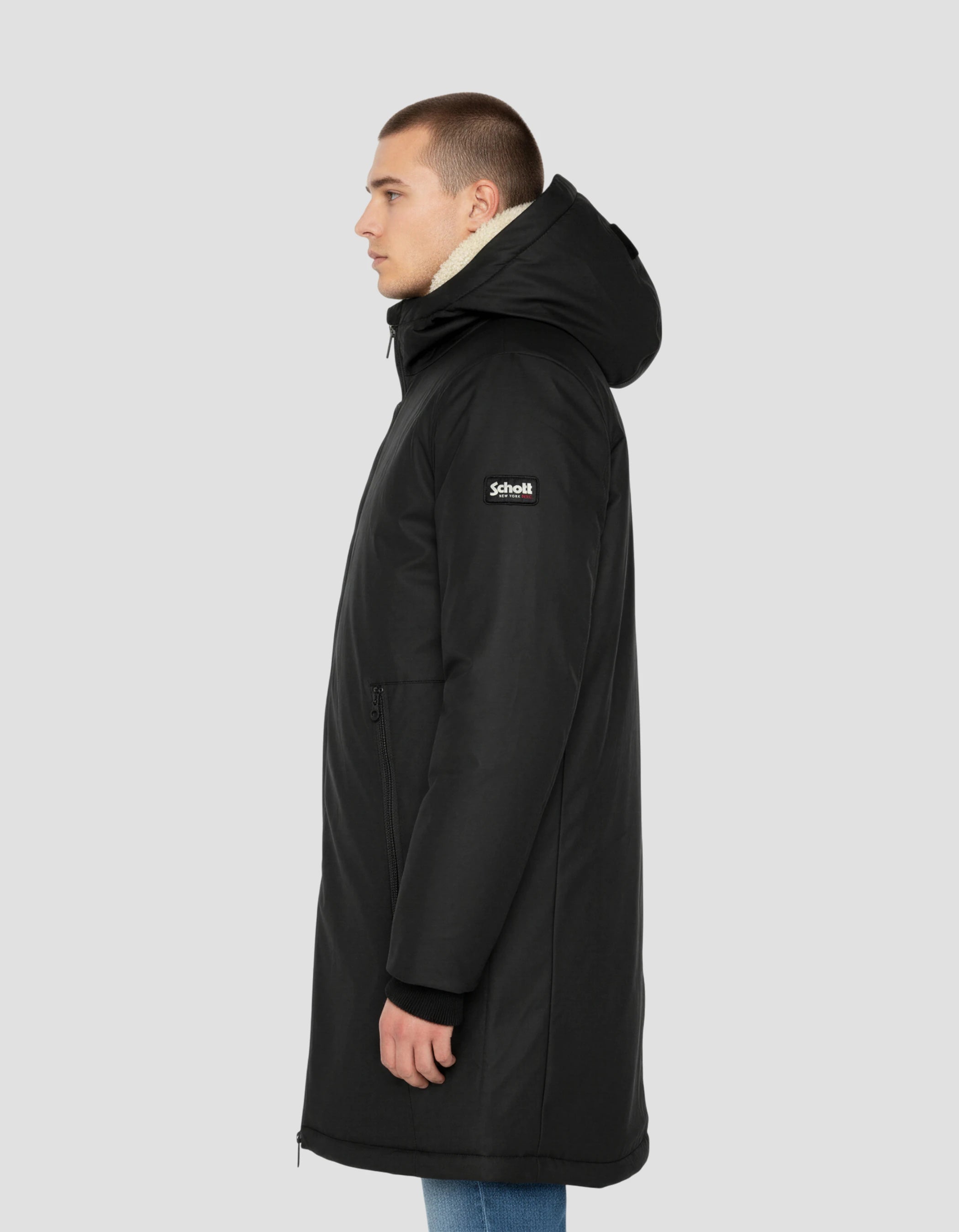 Langer schwarzer Windjäger mit Sherpa ausgekleidet-3