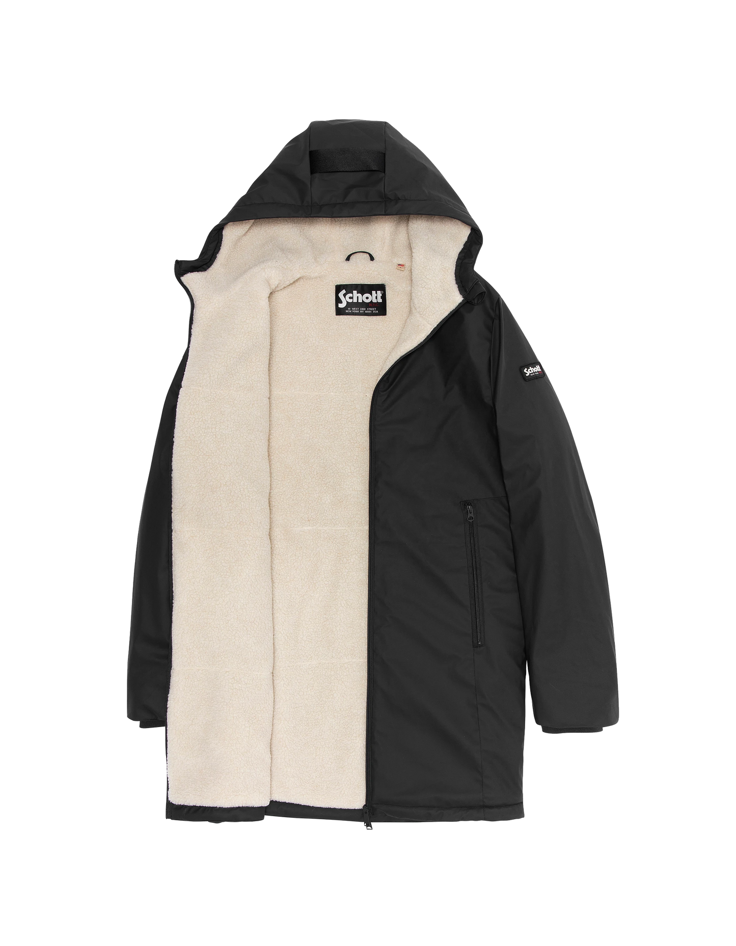 Langer schwarzer Windjäger mit Sherpa ausgekleidet