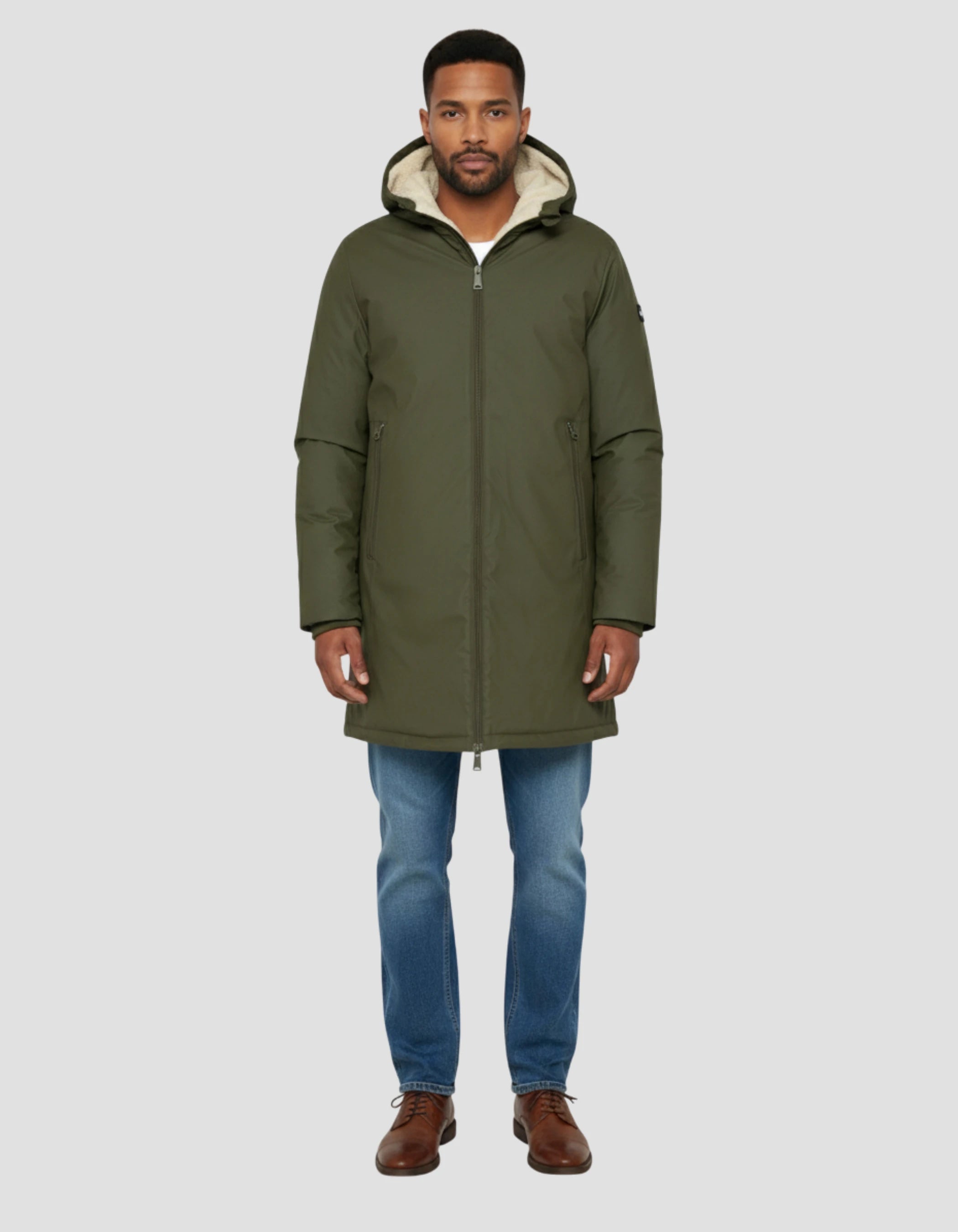 Coupe-vent long kaki à capuche doublé sherpa-1