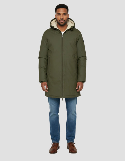 Coupe-vent long kaki à capuche doublé sherpa