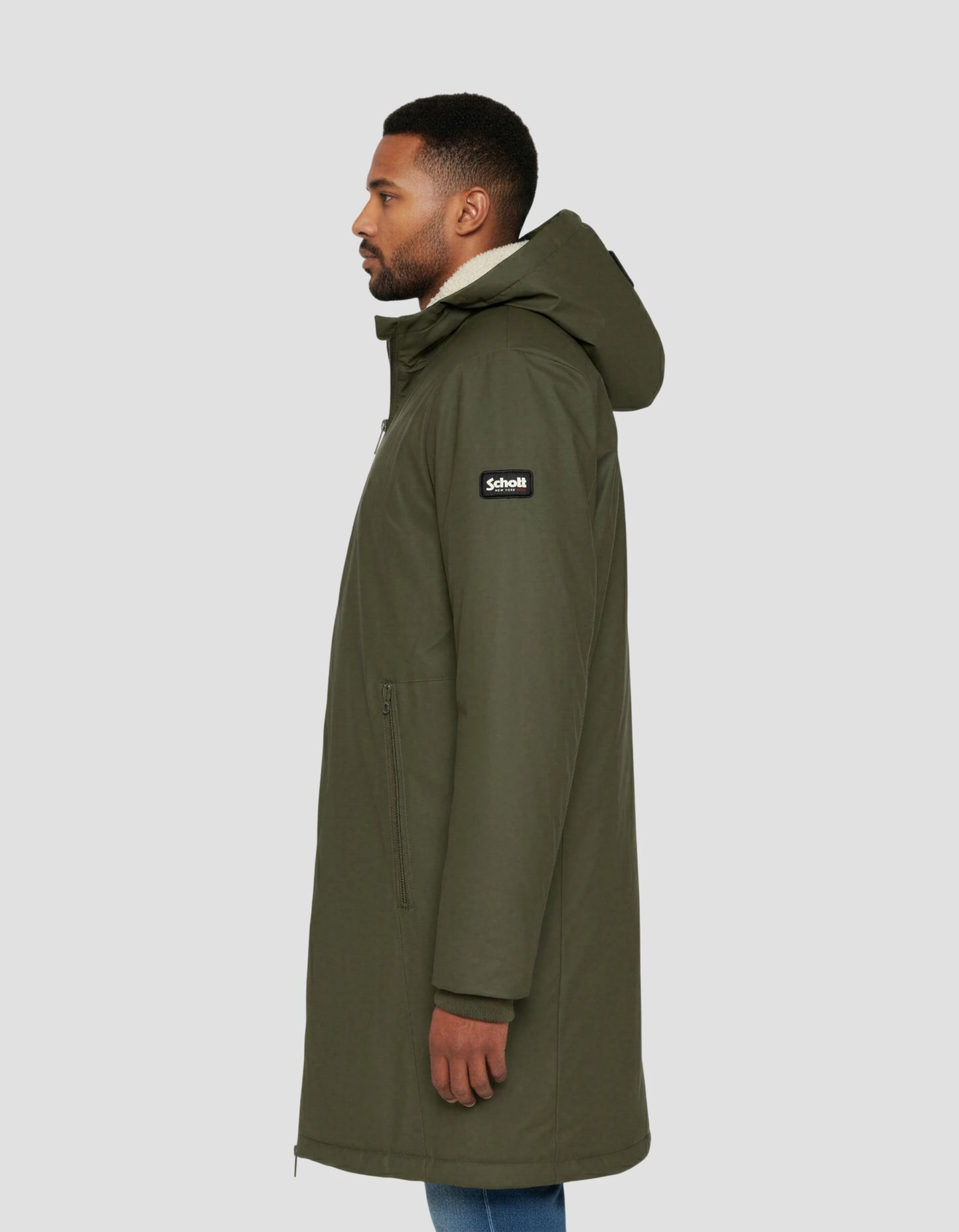 Coupe-vent long kaki à capuche doublé sherpa