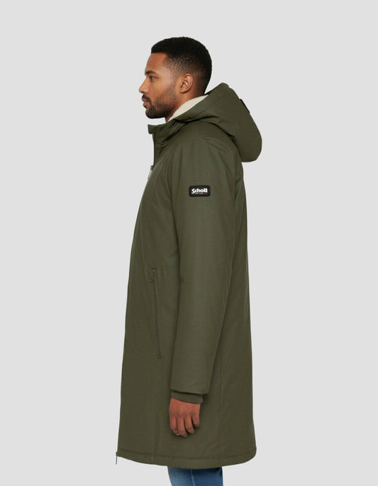 Coupe-vent long kaki à capuche doublé sherpa