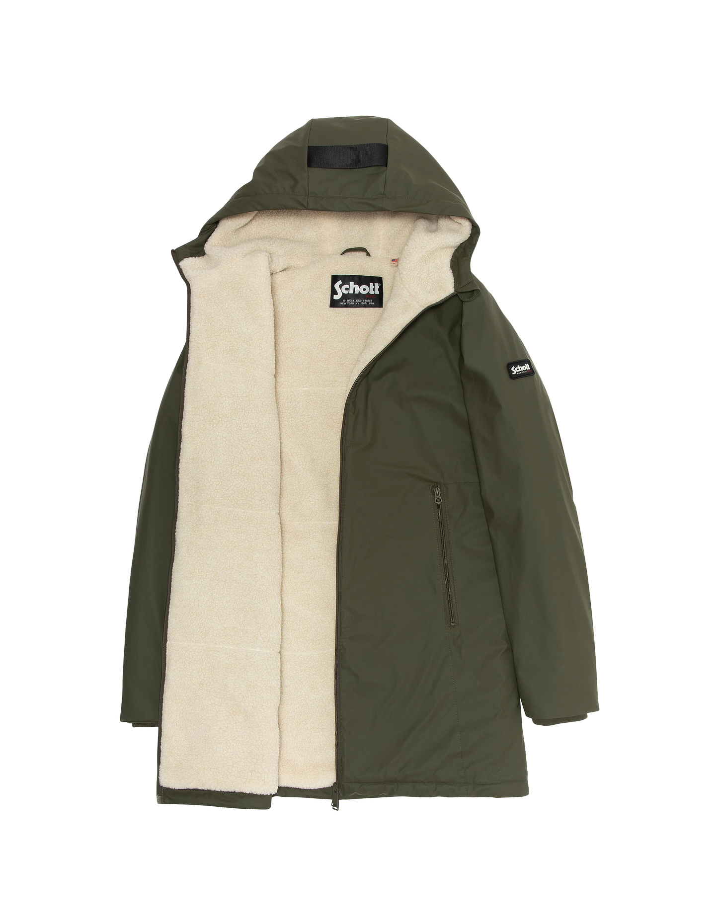 Coupe-vent long kaki à capuche doublé sherpa