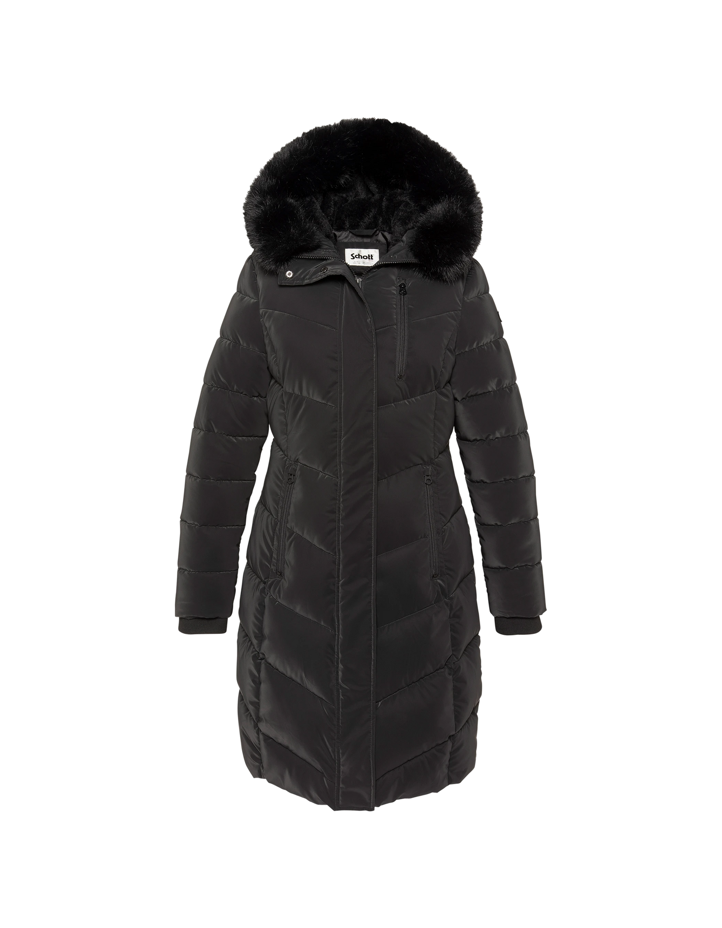 Parka lungo nero con cappuccio e finiture in pelliccia sintetica