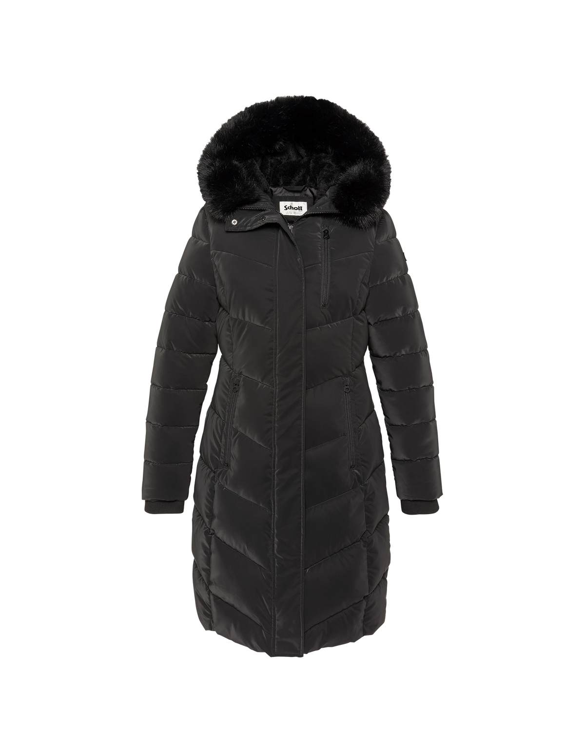 Parka lungo nero con cappuccio e finiture in pelliccia sintetica-1