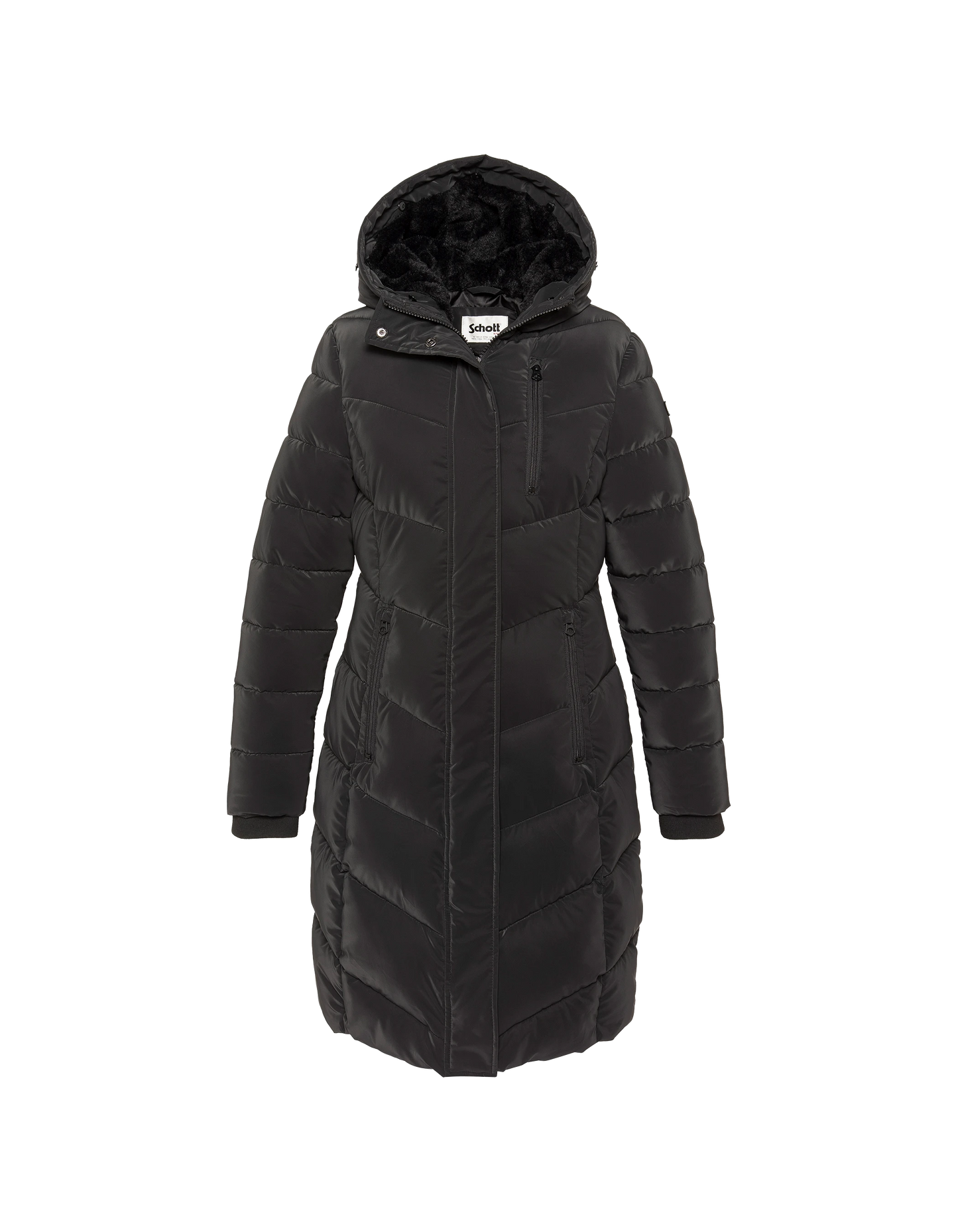 Parka lungo nero con cappuccio e finiture in pelliccia sintetica