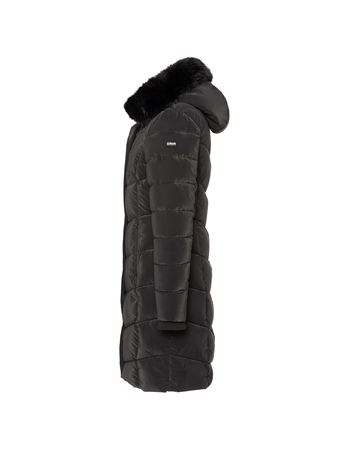 Parka lungo nero con cappuccio e finiture in pelliccia sintetica