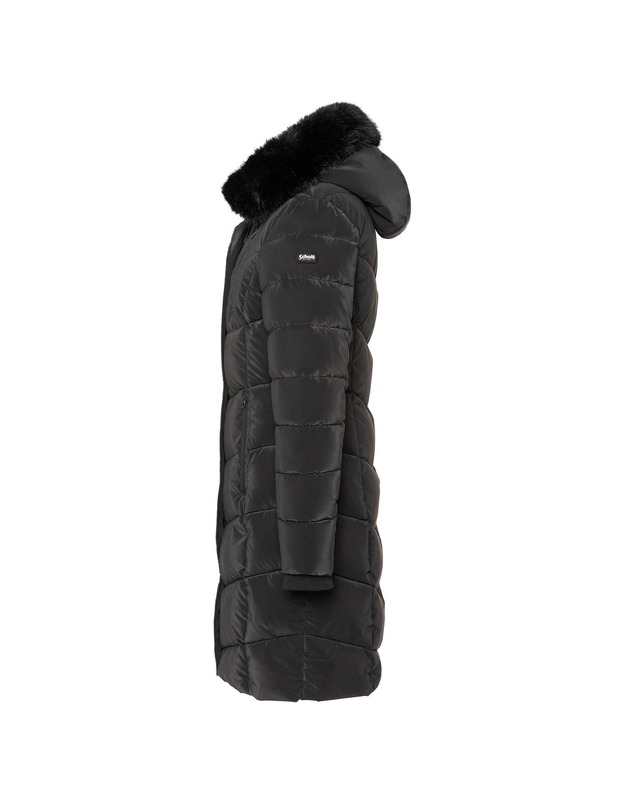 Parka lungo nero con cappuccio e finiture in pelliccia sintetica-4
