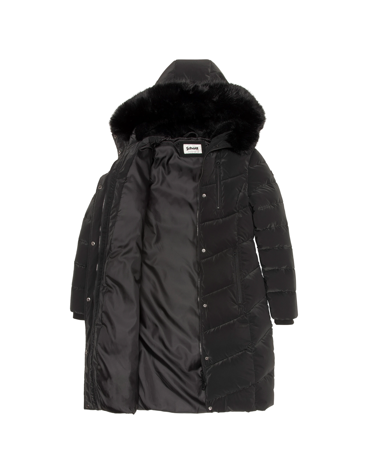 Parka lungo nero con cappuccio e finiture in pelliccia sintetica
