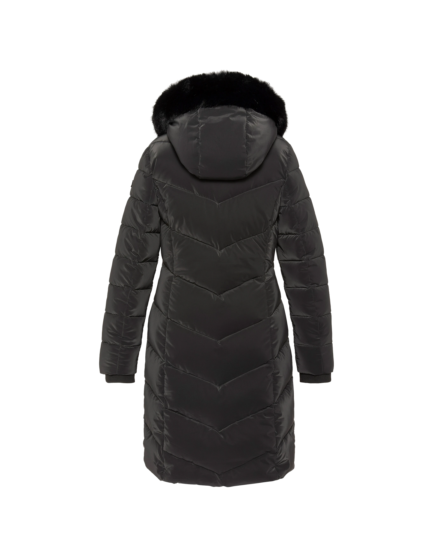 Parka lungo nero con cappuccio e finiture in pelliccia sintetica