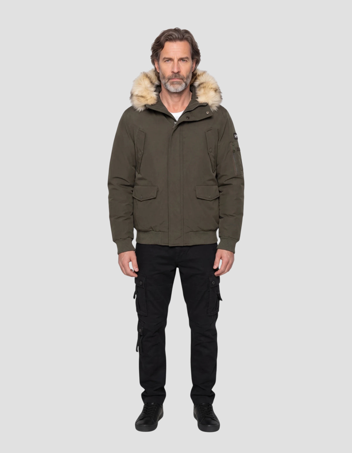 Blouson à capuche kaki avec fausse fourrure amovible-1