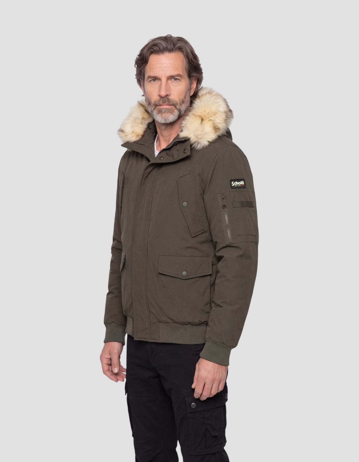 Blouson à capuche kaki avec fausse fourrure amovible-3