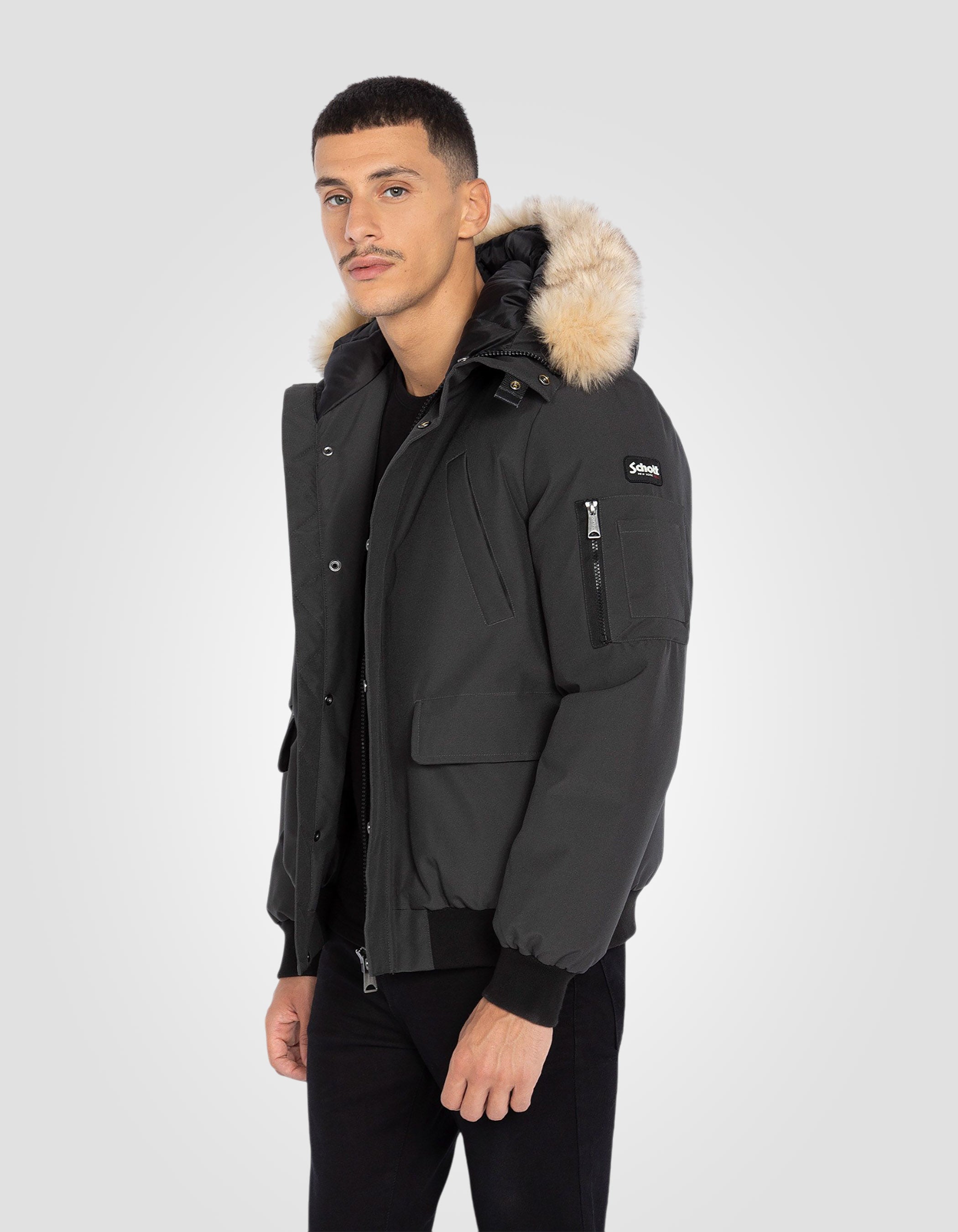 Parka courte anthracite à capuche avec fausse fourrure-4