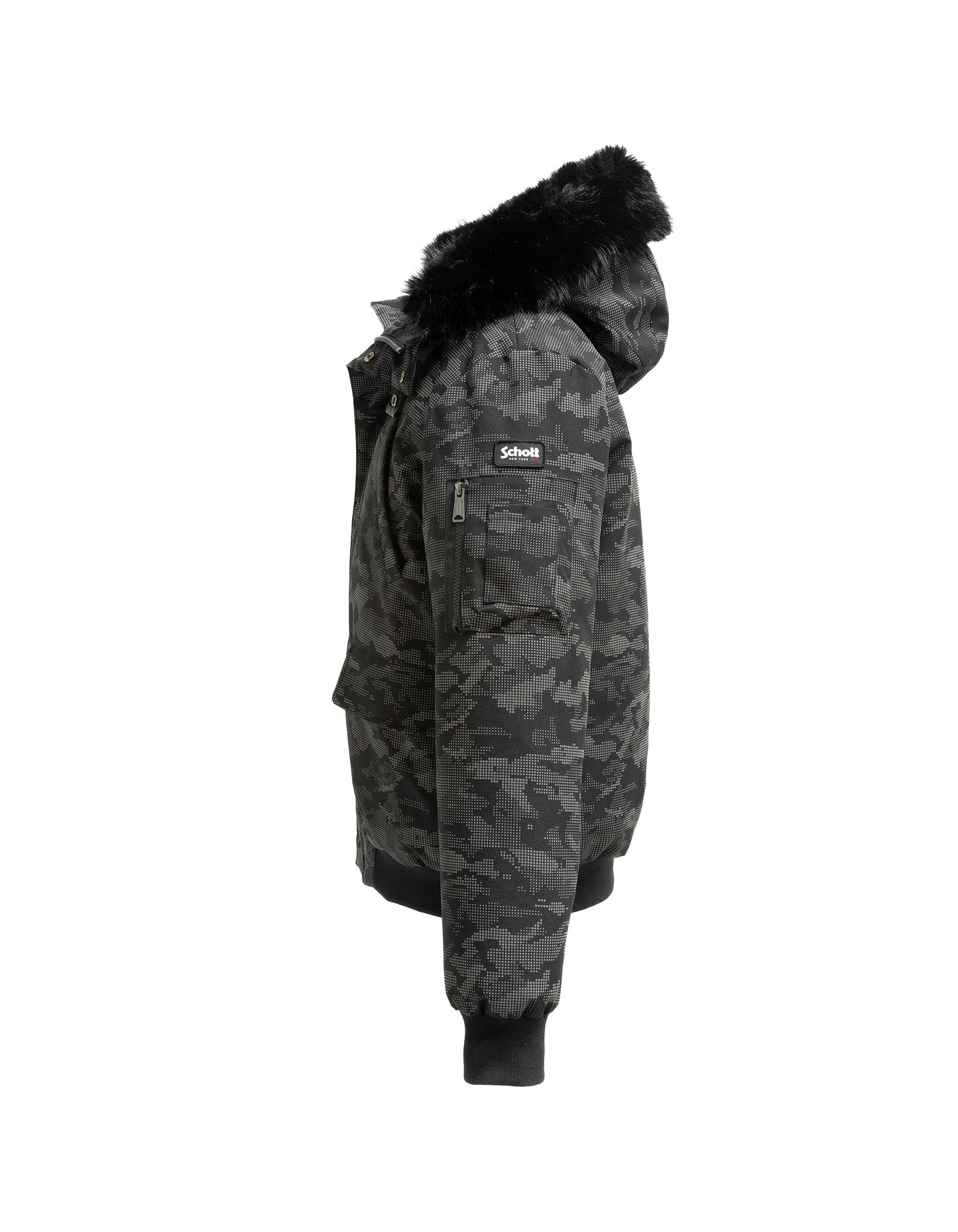 Parka courte camo reflector à capuche avec fausse fourrure