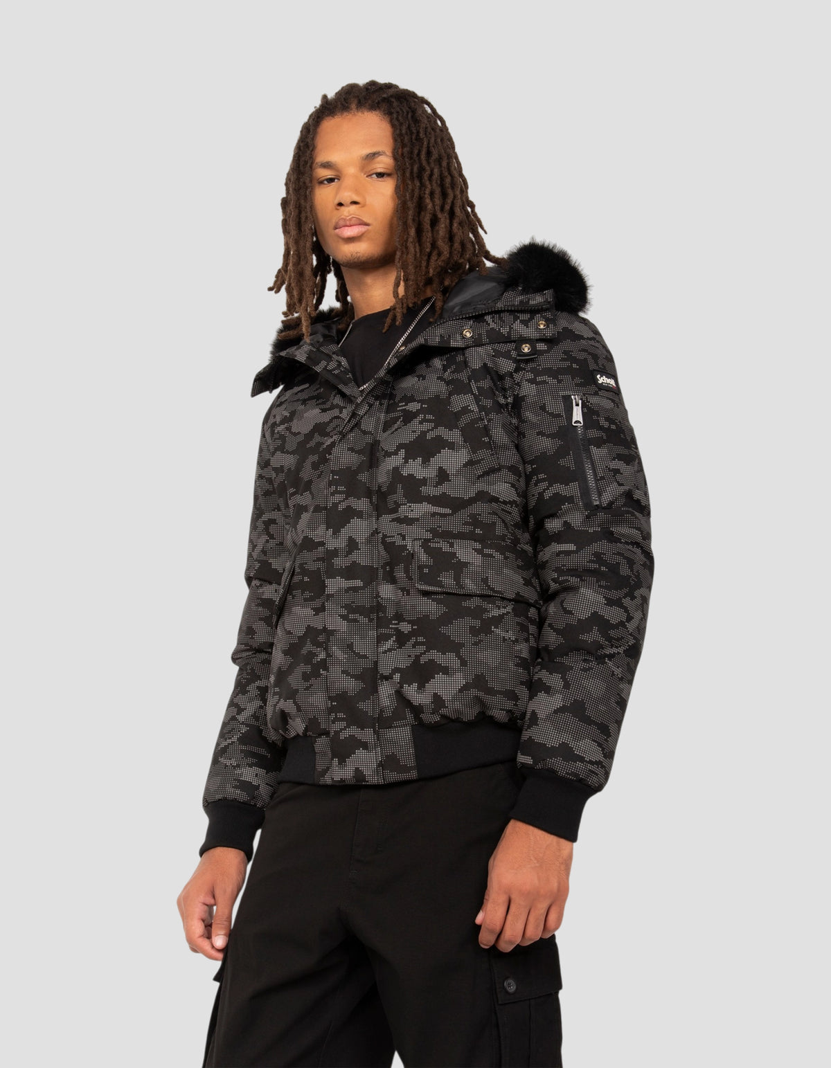 Parka courte camo reflector à capuche avec fausse fourrure