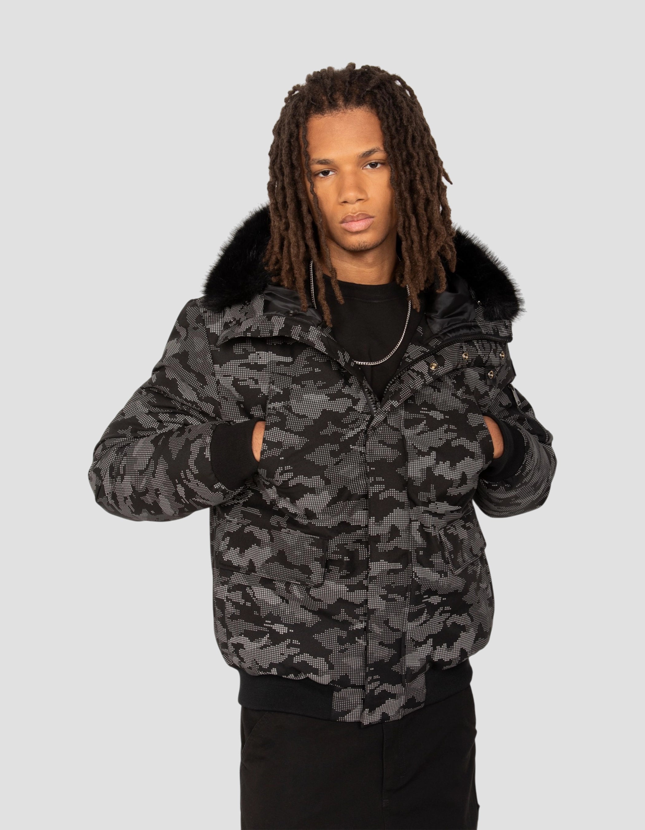 Parka courte camo reflector à capuche avec fausse fourrure-4