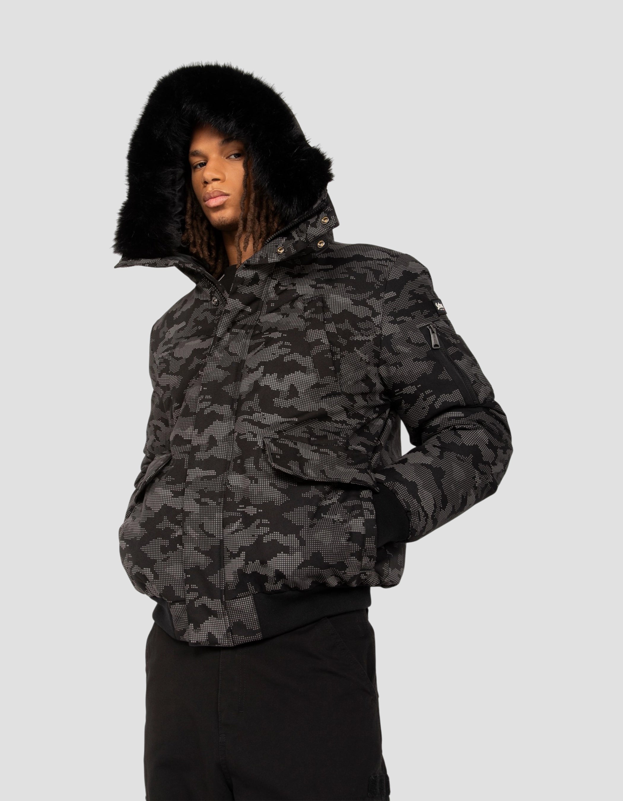 Parka courte camo reflector à capuche avec fausse fourrure-5