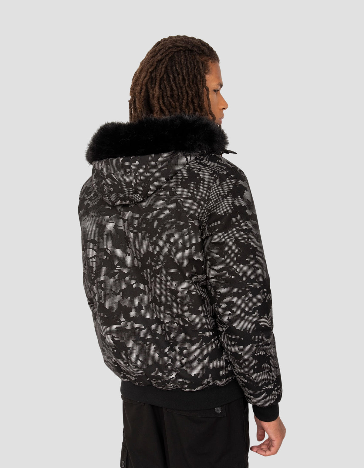 Parka courte camo reflector à capuche avec fausse fourrure