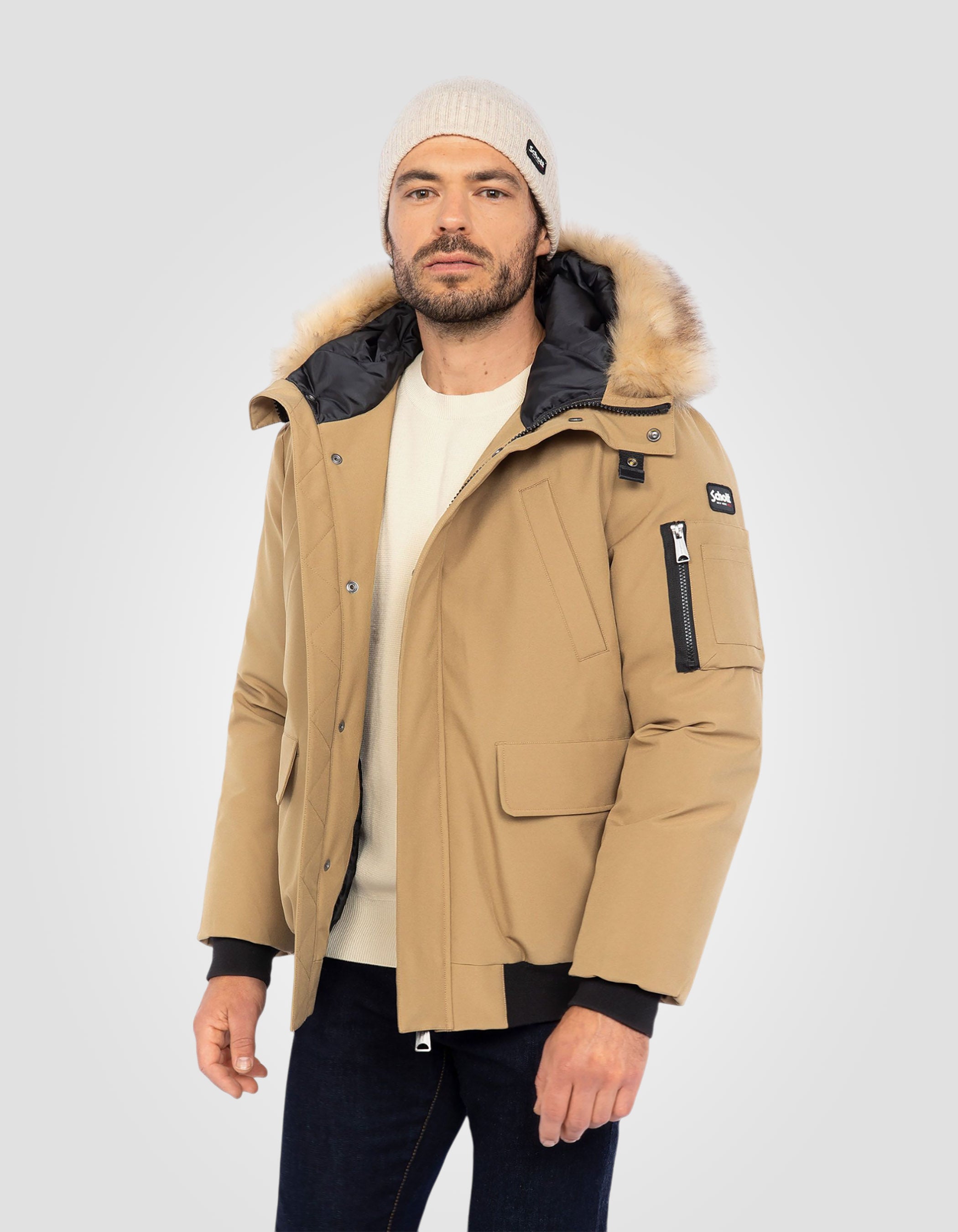 Parka beige corto encapuchado con pelaje falso-3