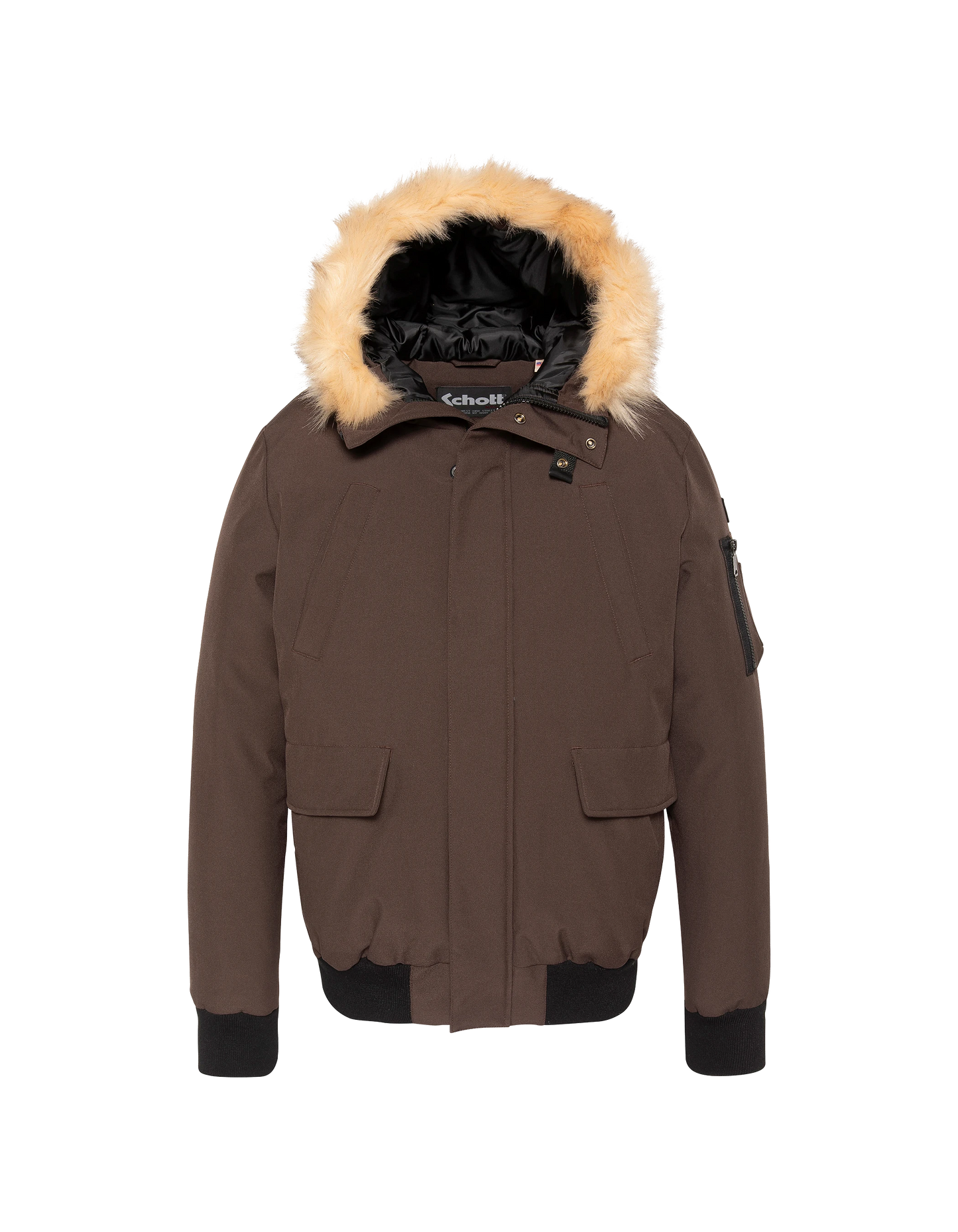 Parka courte marron foncé à capuche avec fausse fourrure