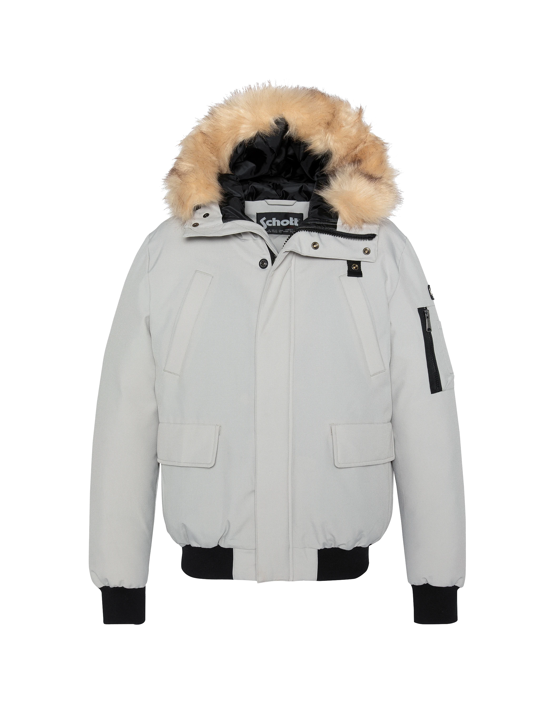 Acero gris parka corto con capucha con pelaje falso-1