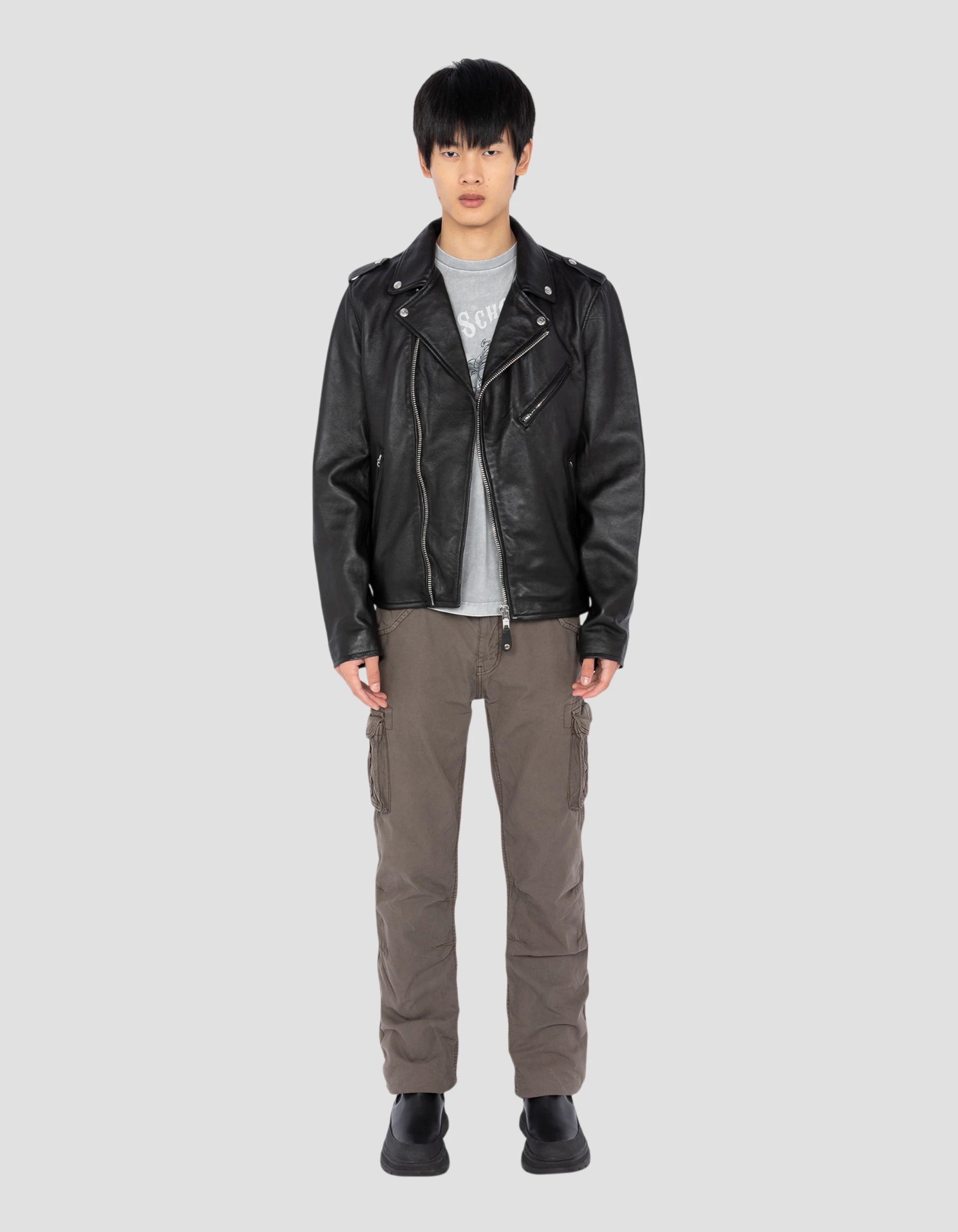 Blouson Perfecto® noir sans ceinture, cuir de d'agneau lavé-1