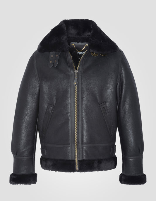 Chaqueta bomber B-3 negra, cuero de oveja, gran tamaño
