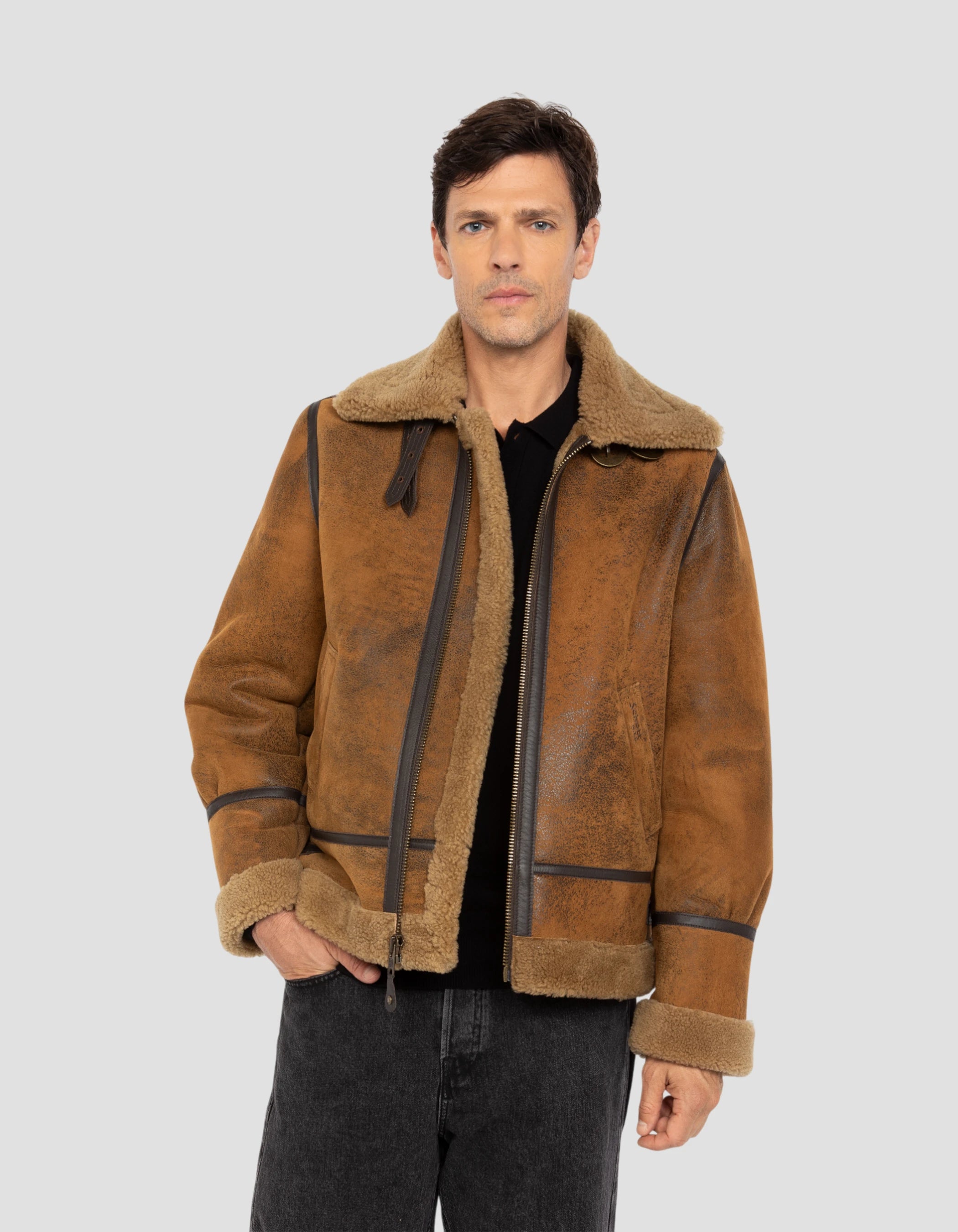 Bomber B-3 senape, giacca di pelle di pecora-4