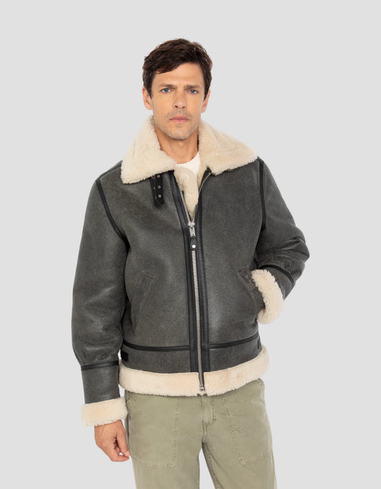 Blouson bombardier B-3 gris vintage, cuir de mouton