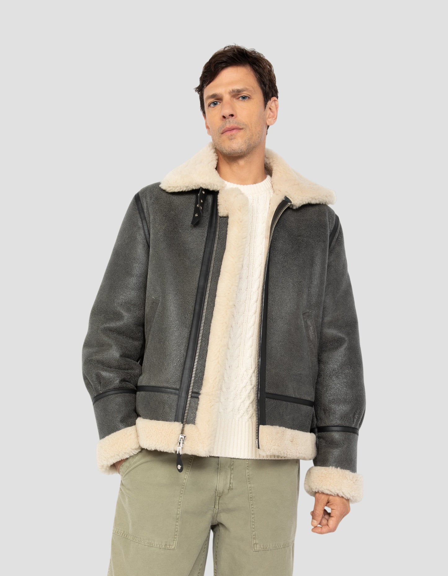 Bombardier B-3 chaqueta gris vintage, cuero de oveja