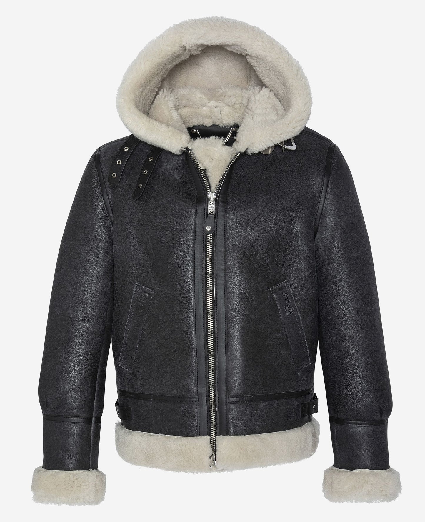 Schwarz-Weiß-Kapuze-B-3-Bomber-Bomberjacke, Schafleder