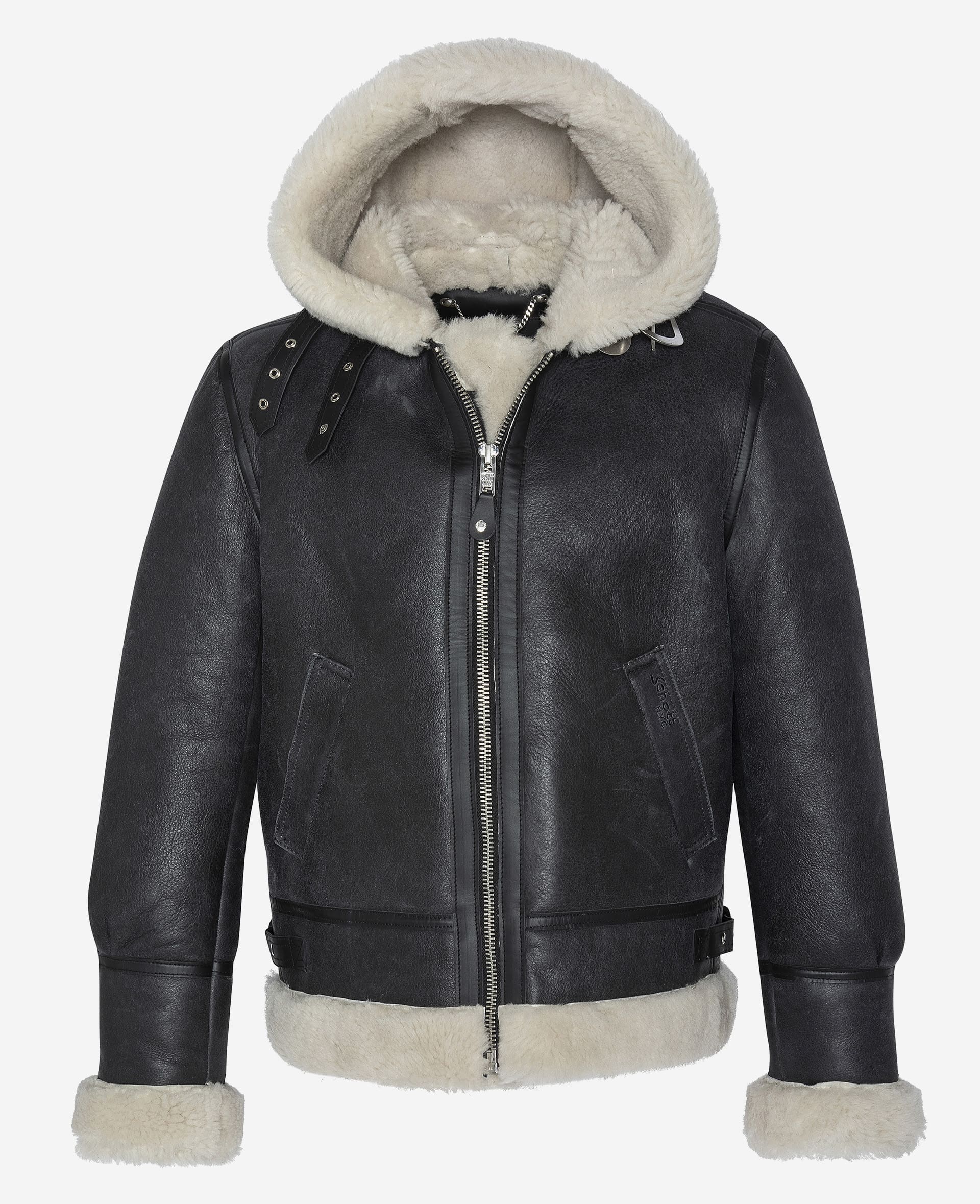 Schwarz-Weiß-Kapuze-B-3-Bomber-Bomberjacke, Schafleder-1