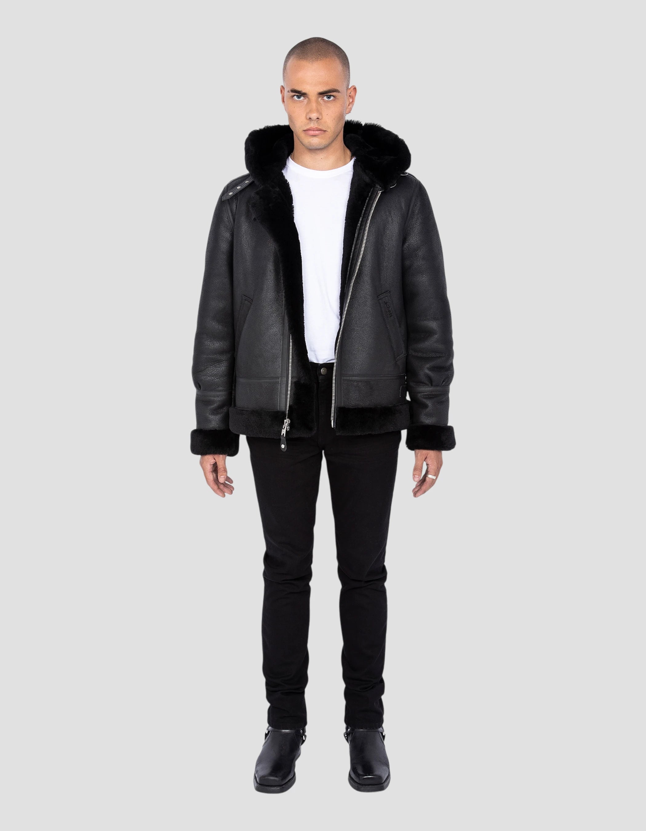 Bomber B-3 Black to hood, sheep leather-1